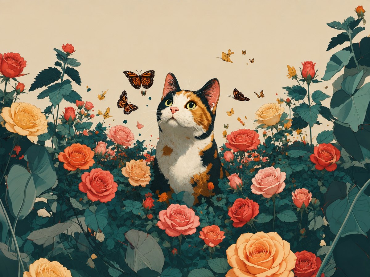 Hipster Calico Cat and Butterflies art print